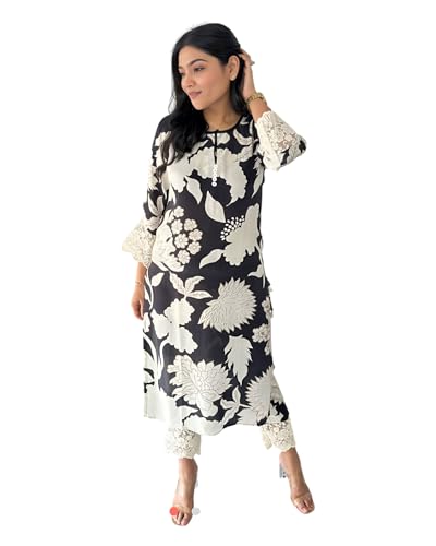 Image of LookMark Women's Cotton Blend Trendy Regular Fit Solid Printed Kurti with Stright Bottom |Kurti Set for Women