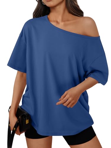 Image of Trendy Queen Womens Off the Shoulder Tops Oversized Summer T-Shirts 2026 | Breathable Strenchy Comfort Material Short Sleeve Basic Oversized Tees Casual Workout Gym Y2k Going Out Clothes