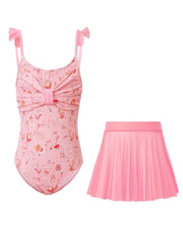 Haloumoning Girls One Piece Swimsuits Kids Bathing Suits Ruffle Bow Floral Beach Swimwear with Skirt 5-14 Years