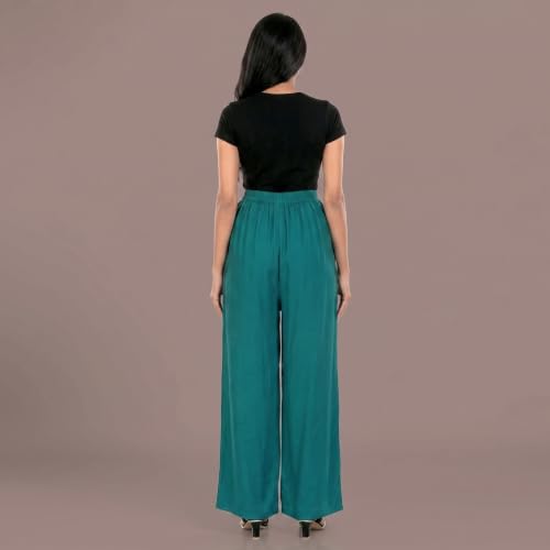 Image of FASHION GALLERY Women's Solid Rayon Palazzo Pants | Relaxed Fit Full Length Wide Leg Palazzo | Elastic Waist Comfortable Casual Lounge Office Ethnic Flared Trousers for Women