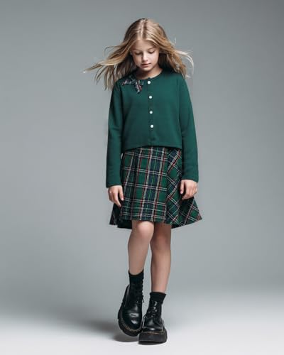Image of PureChapter Girls' Preppy Clothes Plaid Vest Dress Cardigan Jacket Belt Cute Kids Clothes 7-14Y Green