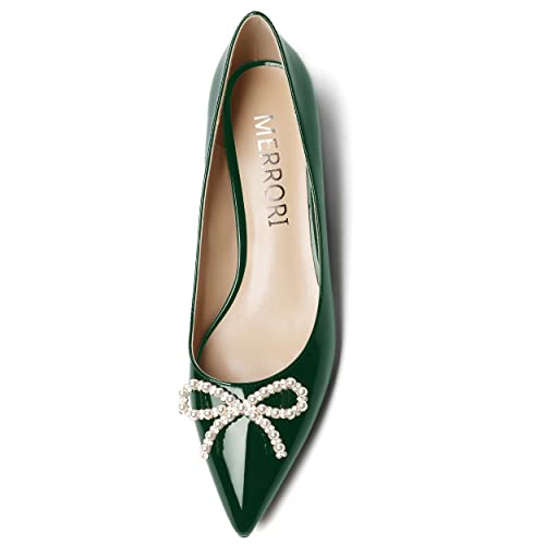 MERRORI Womens Casual Solid Pointed Toe Bow Slip On Patent Office Chunky Low Heel Pumps Shoes 1.5 Inch3