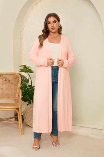 Image of Women Plus Size Floor Length Open Front Drape Cardigan Lightweight Long Sleeve Maxi Duster with Pockets 1X-5X