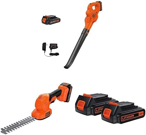 BLACK+DECKER 20V MAX Cordless Leaf Blower Kit (LSW221), 3/8 in. Cordless Shear Shrubber Kit (BCSS820C1), and 20V MAX POWERCONNECT 1.5 Ah Lithium Ion Batteries (LBXR20-OPE2)