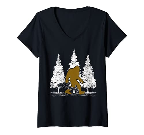 Womens Bigfoot Carrying Chainsaw Lumberjack Sasquatch V-Neck T-Shirt, Black