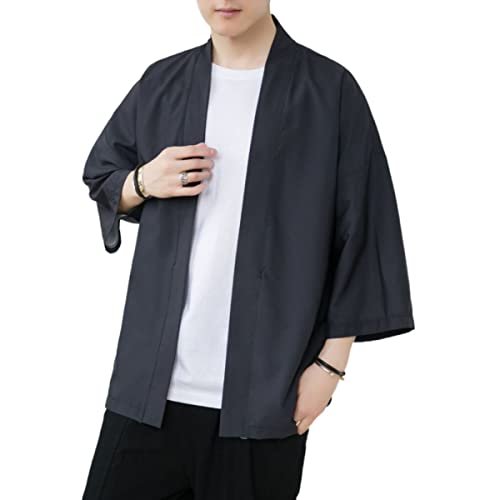 Men\'s Japanese Haori Jacket Kimono Noragi Cardigan 3/4 Sleeve Casual Happi Coat M1-Black Large