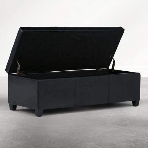 Image of SIMPLIHOME Avalon 48 inch Wide Vegan Leather Ottoman in Carbon Black
