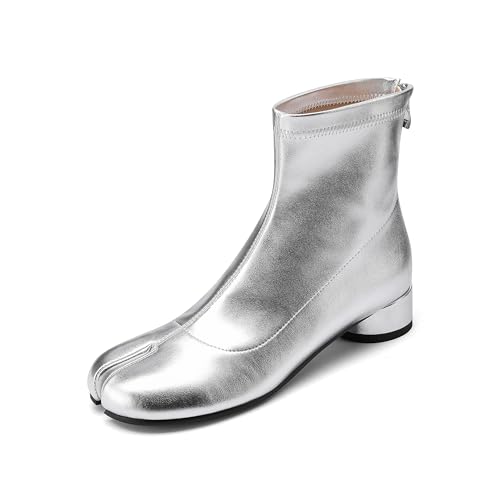 Image of Split Toe Ankle Boots for Women Tabi Japanese Ninja Shoes Low Chunky Heels Booties, Stretch Artificial Leather Boots Back Zipper