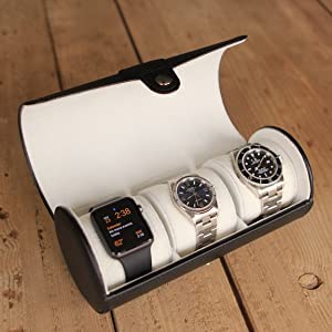 BluBasket Travel Watch Organizer Watches Case Pouch Jewelry Box 3-Slots Pu Roll Traveler’s Watch Organizer Case Box, Black