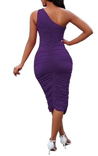 Image of PerZeal Women's Sexy One Shoulder Dresses Sleeveless Party Club Ruched Cocktail Wedding Guest Bodycon Midi Dress