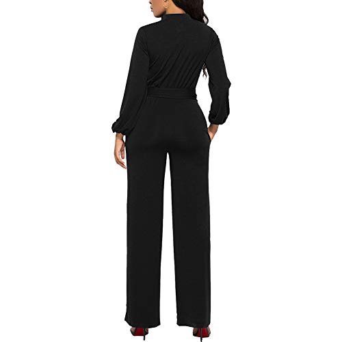Ophestin Womens Long Sleeve Jumpsuit for Work Wide Leg Pants Rompers with Belt Black Size 2XL