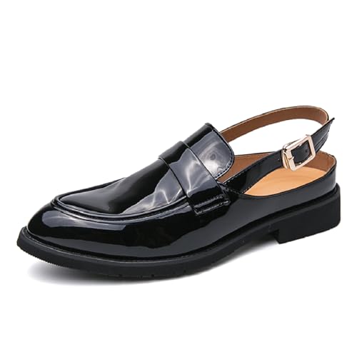 Men's Patent Leather Closed Toe Sandals with Adjust Buckle Strap Anti-Slip Breathable Pointed Toe Block Heel Slingback Dress Sandals for Business Office Walking Driving Shoes