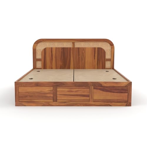 Image of Sheesham Wood Cane Bed with Box Storage for Bedroom | King Size Wooden Double Bed Palang with Curved Rattan Headboard (Honey Finish)