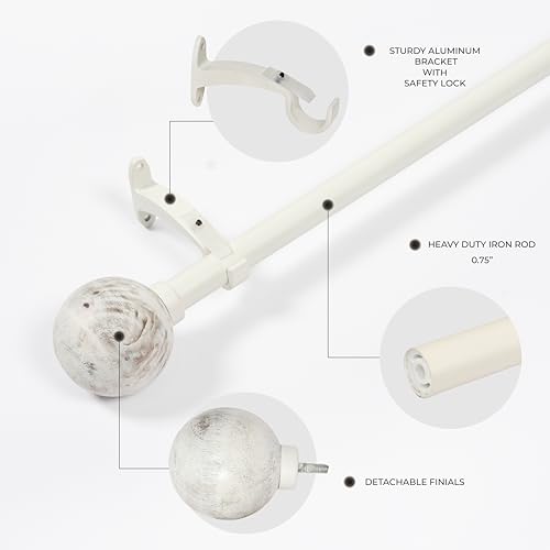 Image of Deco Window 44 inch-120 inch Adjustable Rustproof Curtain Rod for Doors & Windows with Brackets, Extendable Iron Metal Pipe Holder with Wood Ball Finials (Ivory,19MM Diameter)