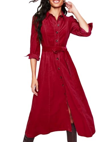 YEXPINE Damen Cord Maxikleid Langarm Cord Button Down Shirt Flowy Langes Kleid mit Gürtel, Rot/Ausflug, einfarbig (Getaway Solids), X-Groß