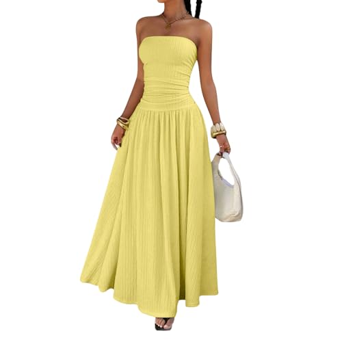 Générique Robe Longue Femme Bustier Taille Froncée Élégante Robe Fluide pour Vacances Plage Soirée Été XS-XL