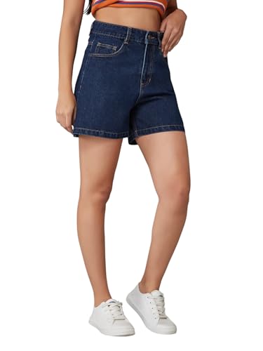 Image of Dolce Crudo Women's Relaxed Fit Mid-Rise Denim Shorts with Adjustable Waist & Frayed Hem