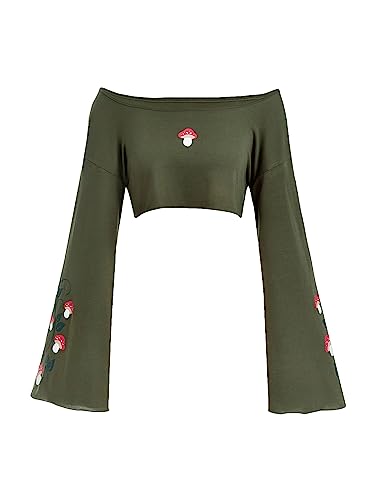 SOLY HUX Women's Off Shoulder Bell Long Sleeve Crop Top Mushroom Print Tee T Shirt