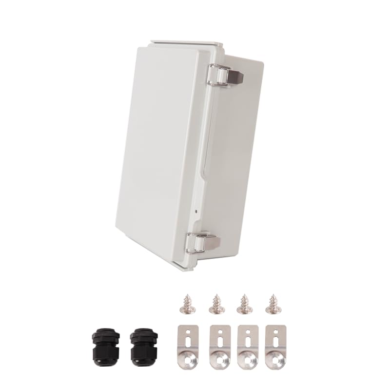 Vangoshell Waterproof Junction Box IP67, ABS Plastic Electrical Enclosure with Hinged Grey Cover, Mounting Plate, Wall Brackets & 2 Cable Glands 260x160x100mm (10.24"x6.30"x3.94") – Outdoor/Indoor Use