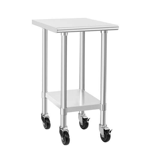 Image of HARDURA Stainless Steel Commercial Table Prep & Work Table with Casters Heavy Duty Metal Table with Wheels NSF 430 24x24 Inches
