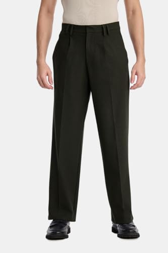 Image of SNITCH Men Trousers Casual Wear | Baggy Fit Wide-Leg Pleated Front Solid Pattern | Polyester Viscose Elastane Blend, Mid Rise, Full Length Office Wear
