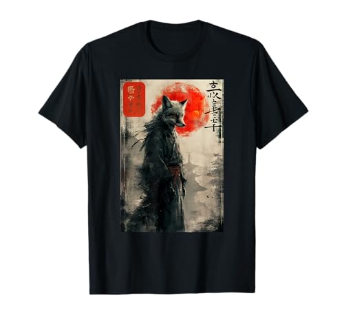 Arte japonés Woodblock de un zorro samurai con kanji japonés Camiseta