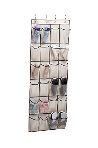 Kimbora Over The Door Hanging Shoe Organizer 24 Large Clear Mesh Pockets Shoe Hanger, Beige