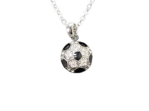 Sports Accessory Store Soccer Ball Clear Crystals Black Enamel Silver Fashion Necklace