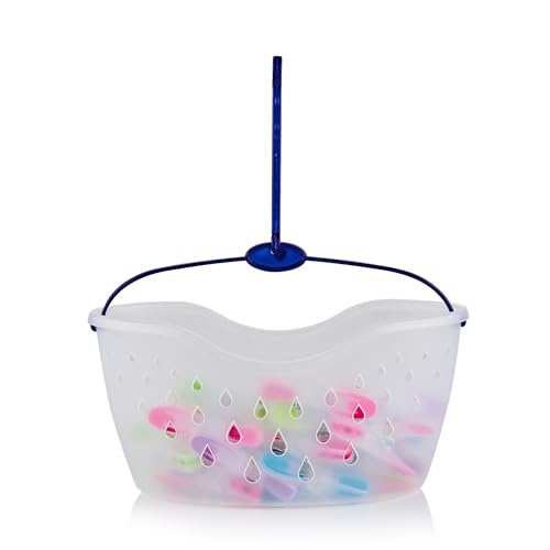 Minky Peg Basket with 24 Brite Pegs, Durable Plastic Bag with Water Draining Holes, Strong Hook, Assorted Colours