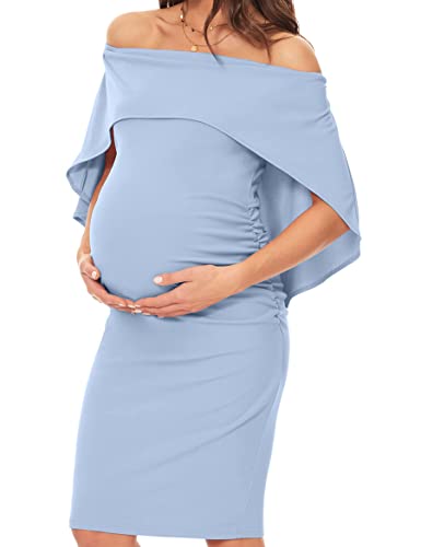 KIM S Baby Shower Dresses for Pregnant Women Pregnancy Dress Off The Shoulder Dress Maternity Bodycon Dress Cape Dress Maternity Dress for Photoshoot Sky Blue XL
