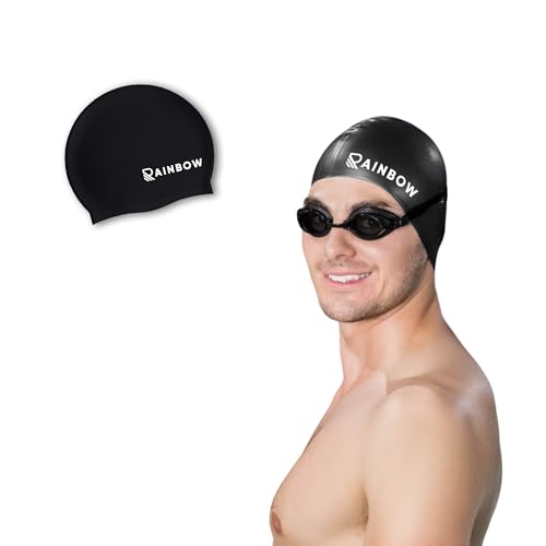 Image of Rainbow Silicone Swimming Cap for Men, Women & Kids | Stretchable Swim Cap for Long & Short Hair | Durable, Waterproof & Comfortable Fit - Black
