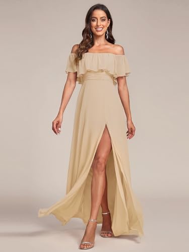 Image of Ever-Pretty Women's Summer Off The Shoulder Flowy Chiffon Formal Wedding Guest Dresses Maxi Side Split Beach Bridesmaid Dress