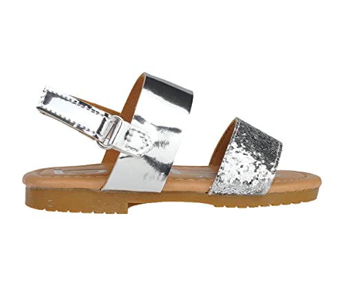 bebe Girl's Sparkly and Strappy Glitter Leatherette Flat Sandals with Adjustable Strap (Toddler/Little Kid)