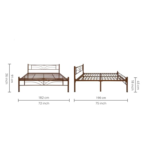 Image of Zyra Metal King Size Bed Without Storage | Wrought Iron Double Bed with Headboard & Footboard | Sturdy Powder Coated Platform Bed King Size Cot for BedroomLivingRoom Brown (75x72)