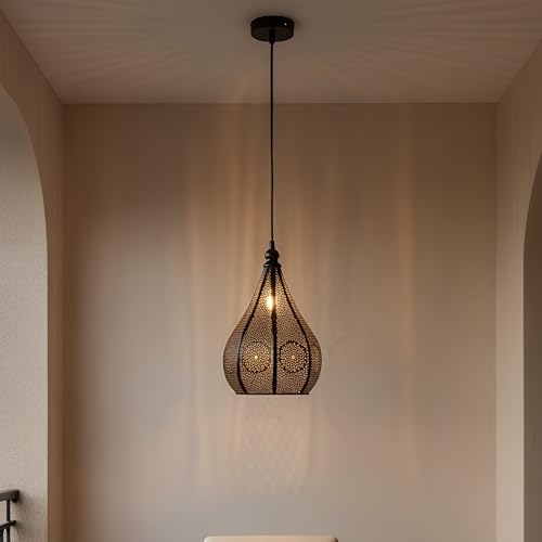 Image of Moroccan Pendant Light Set, Black Metal Geometric Pattern, 2 Teardrop Hanging Lamps with Adjustable 76 cm Wire, Bulbs Included