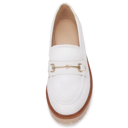 Image of VETASTE Women's Platform Chunky Heel Loafers Slip on Business Casual Shoes | Classic Closed Round Toe, Lug Sole, Work Office Uniform Oxfords, Metal Chain