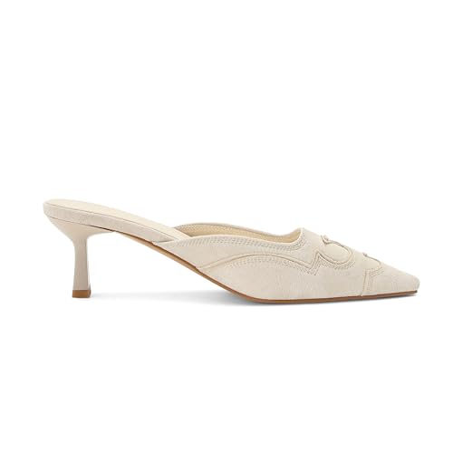 White Suede Kitten Heel Mules Women Pointy Pumps Close Toe Western Heels by SOVANYOU - Used condition - Image 4