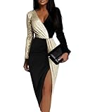 LIUYUYOUGO Vestido Mujer Vestido Midi Ajustado con Fruncido Y Brillo Brillante para Mujer Sexy con Escote En V De Lentejuelas Bicolor Y Retazos Vestido De Fiesta Cruzado Elegante Ajustado con Abertu