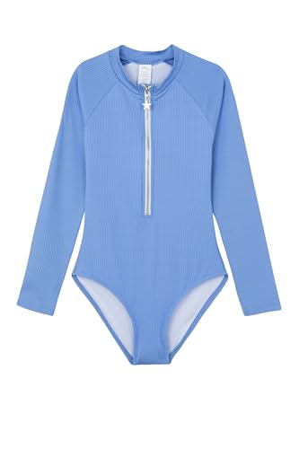Gottex Kids Girls Summer Rib Textured Long Sleeve Zip Front One Piece Swimsuit Built-in 50+ UPF UV Protection Swimwear