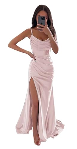 Sincemeet Meerjungfrau Satin Abendkleid mit Schlitz Spaghettiträgern Lange Brautjungfer Satin Wickelkleid Ballkleider