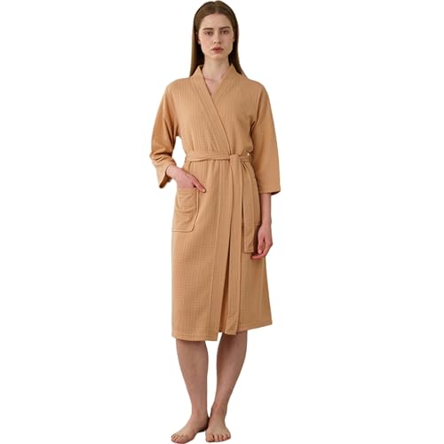 Generisch Albornoz para mujer, de pique, ligero, para sauna, albornoz de viaje de gran tamaño, con bolsillos, bata de baño monocolor, agradable a la piel, para parejas, albornoz de gofre, caqui, XL