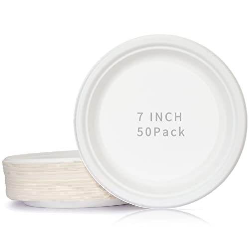 FYY 50 Pack Compostable 7 Inch Paper Plates