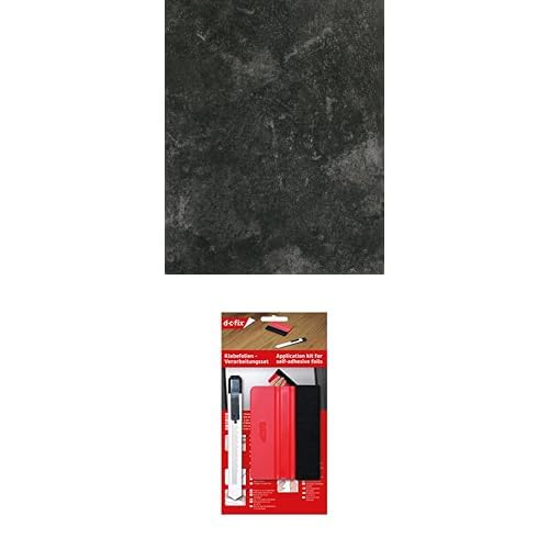 d-c-fix Bundle Möbel-Klebefolie Avellino Beton Beton-Optik 90 cm x 2,1 m - Möbelfolie selbstklebend Stein-Optik modern dunkel-grau anthrazit & Verarbeitungsset mit Rakel und Schneidemesser