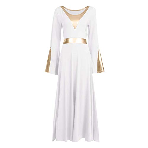Womens Liturgical Praise Lyrical Dance Dress Metallic Color Block Loose Fit Full Length Bell Long Sleeve Dance Dress Church Dancewear Worship Costume Ballet Maxi Swing Gown Circle Skirt White L