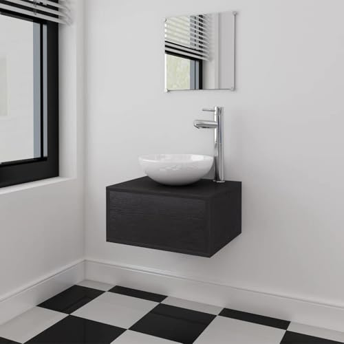 WRJENFSC - Juego de baño de 4 piezas con lavabo de cerámica, 40 x 34 x 20 cm, lavabo de pared, espejo, grifo, diseño moderno, robusto y duradero para baños pequeños, WC