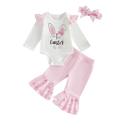 SZMBCMYXRZY My First Easter Baby Girl Outfit Bunny Romper Onesie Flare Pants Bell Bottom Outfit Easter Newborn Infant Clothes (Pink 6-9 Months)