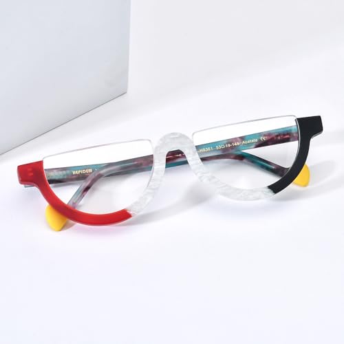 Image of HEPIDEM Matte Multicolor Acetate Glasses Frame Women,Semi Rimless Round Optical Eyeglasses