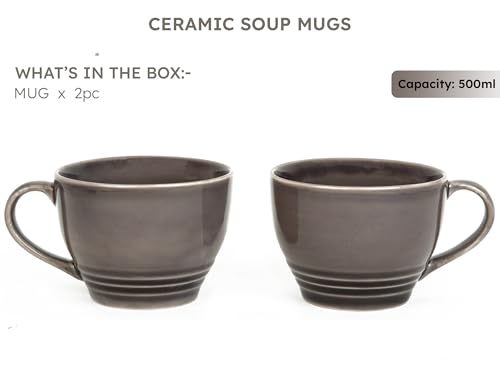 Image of Bodhi House Large Ceramic Coffee Mug | Microwave & Dishwasher Safe | Bone-Ash Free Cappuccino Mug | MultiPurpose Foodgrade Latte Coffee Mug Ideal for Daily Use, Gifting (Pack of 2, 500ml | Smoke Grey)