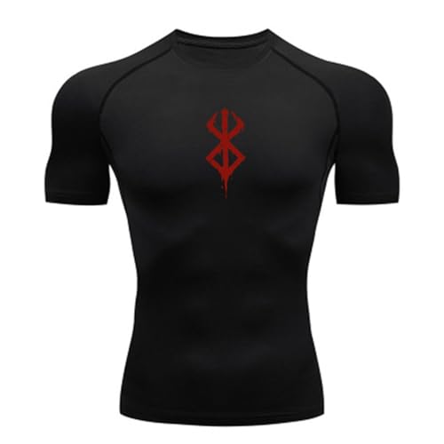 Fosike Berserk Manga Basketball Tight Fitting T-Shirts Men, Quick Drying Fitness Short Sleeved Tops, Running Training Clothes-Black||Large
