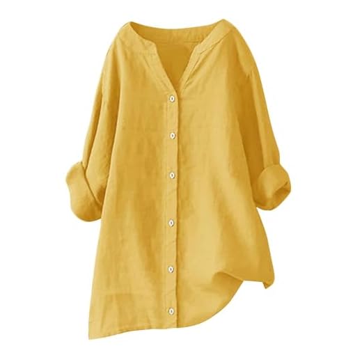 Tunique en Lin Femme Col en V Chemisier Tops avec Boutons DéContractéS Ample Couleur Unie Chemisiers et Blouses Tunique Femmes Chic et Elegant LâChe Respirant T-Shirts Grande Taille Pas Cher Soldes